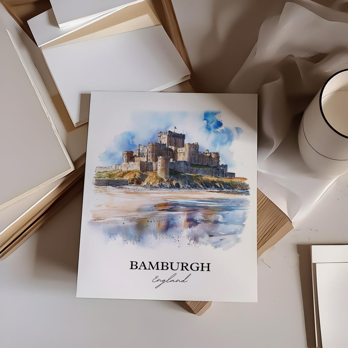 Bamburgh England Coastal Castle Watercolor Beach Landscape Art Poster - Image 4