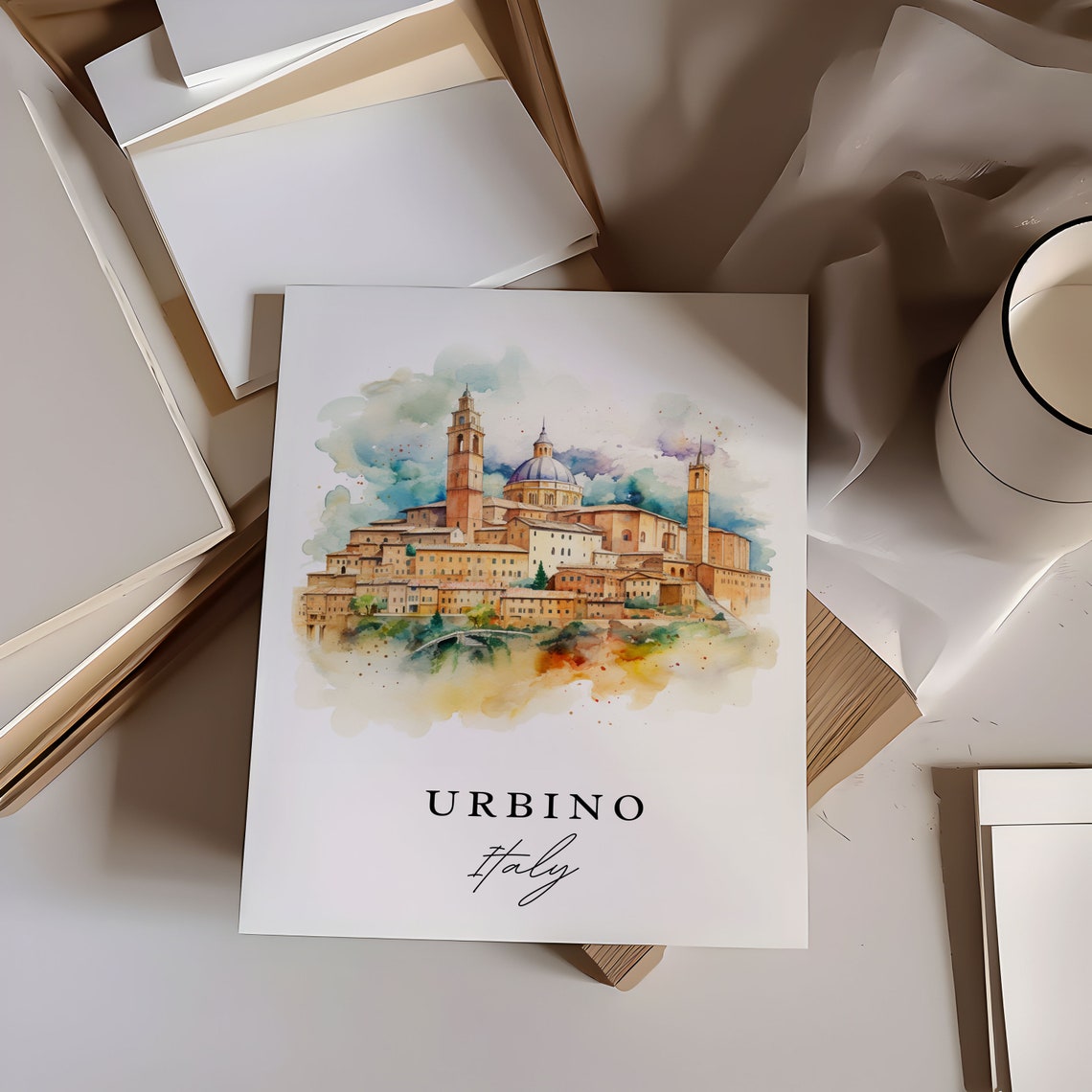 Urbino Italy Watercolor Hilltop Renaissance City Dome Poster - Image 5