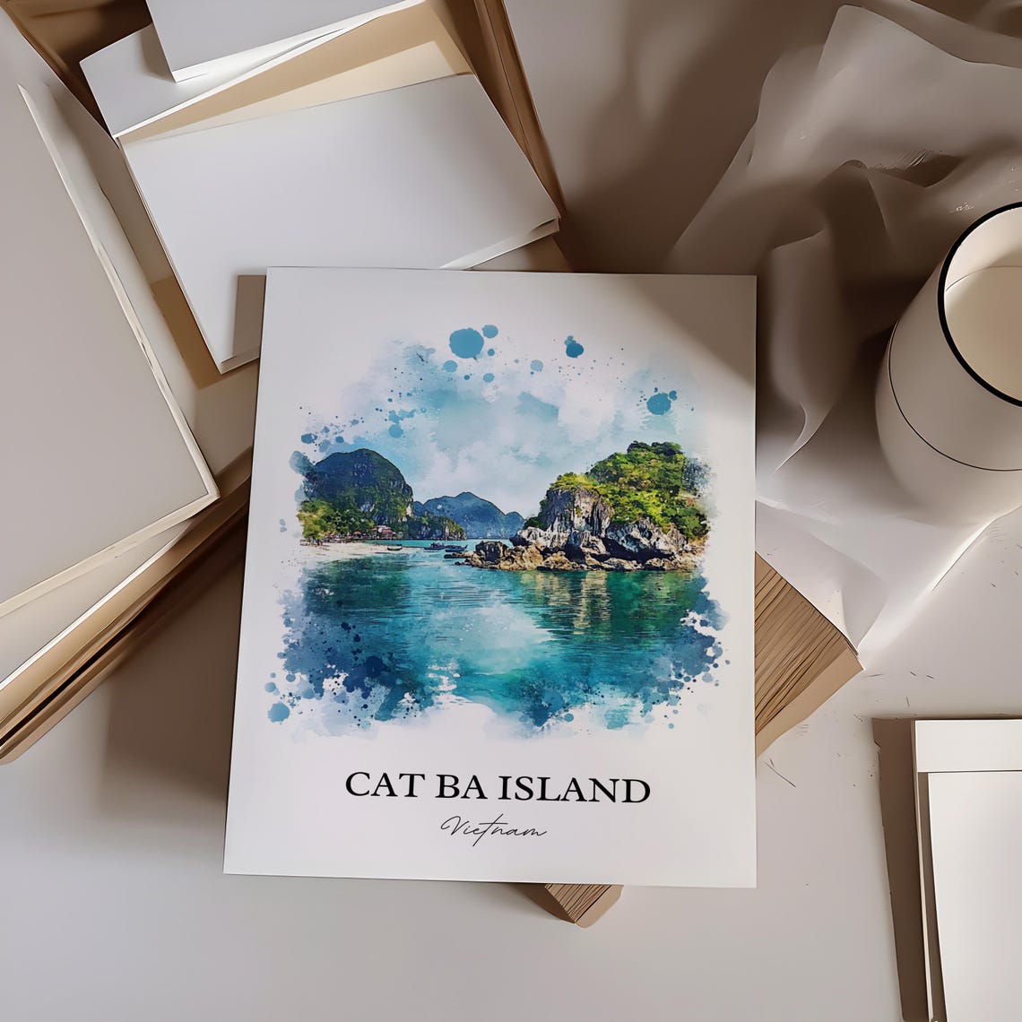 Cat Ba Island Vietnam Watercolor Art Turquoise Bay Karst Poster - Image 4