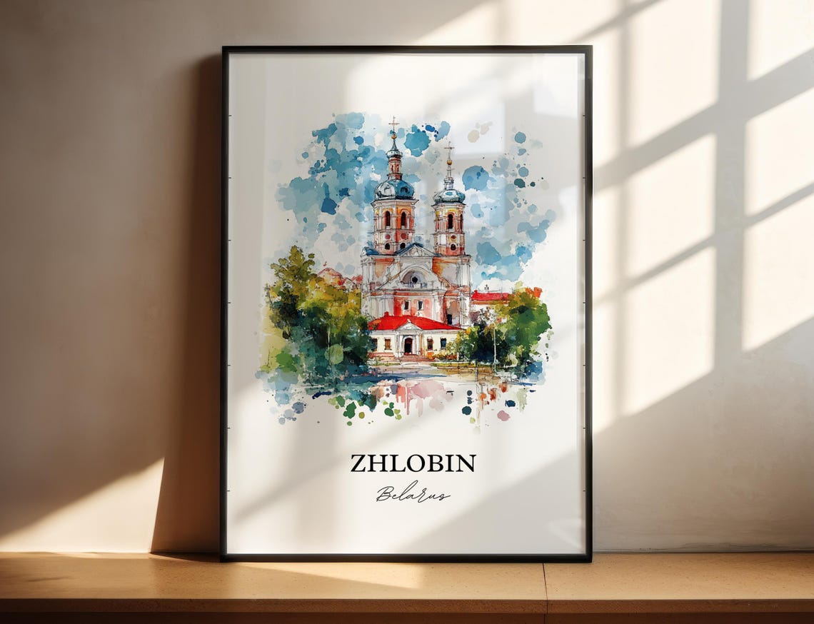 Zhlobin Belarus Twin Towered Church in Green Watercolor Poster
