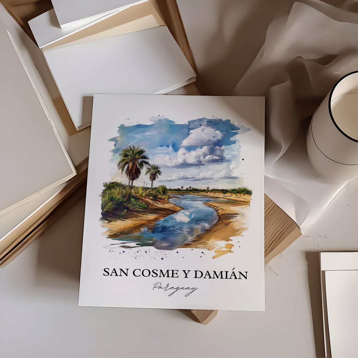San Cosme y Damián Paraguay Watercolor River Palms Scene Poster - Image 5