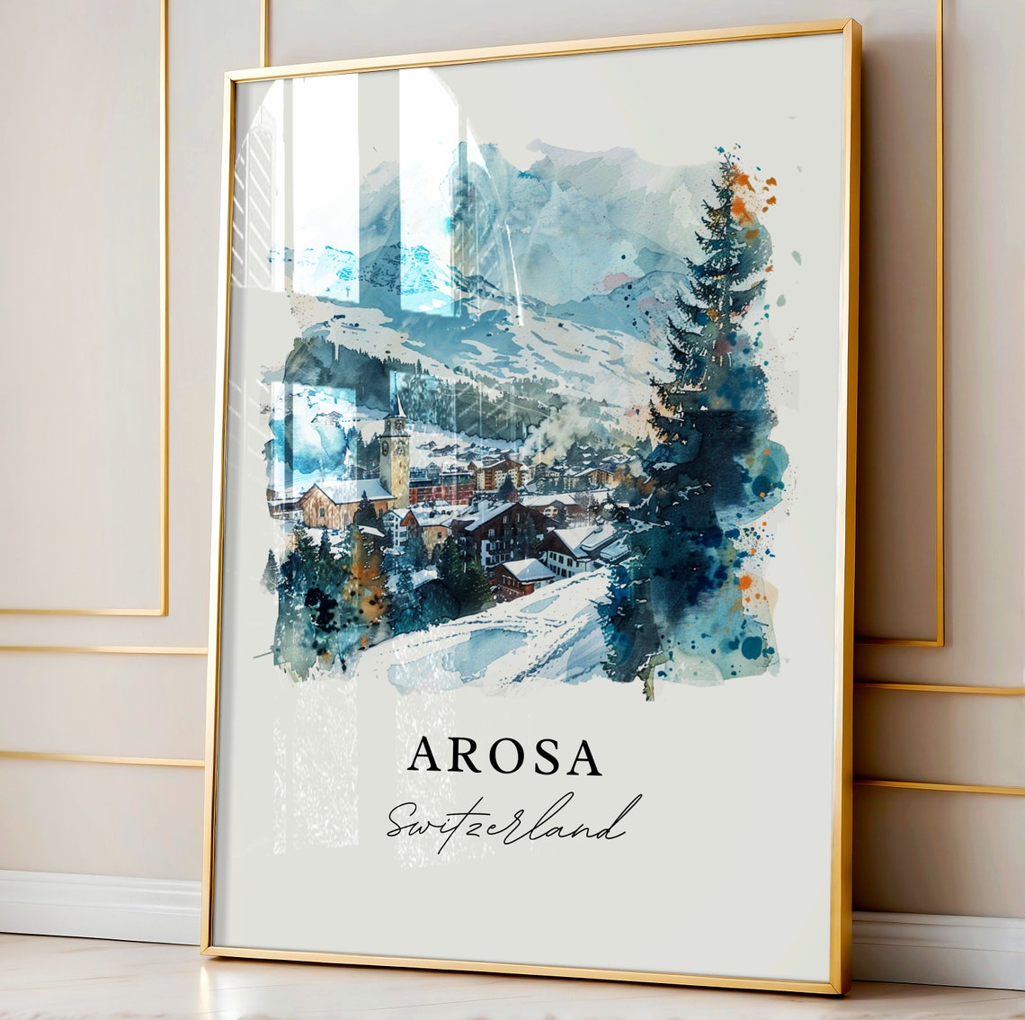 Arosa Switzerland Watercolor Alpine Ski Village Snowy Peaks Poster - Image 3