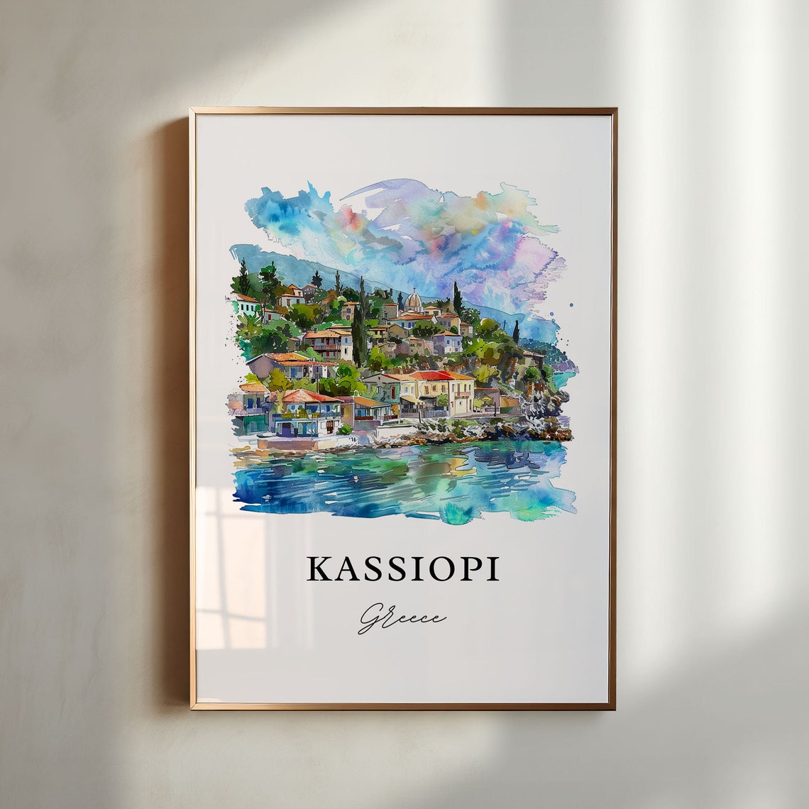 Kassiopi Corfu Greece Coastal Village Harbor Watercolor Poster