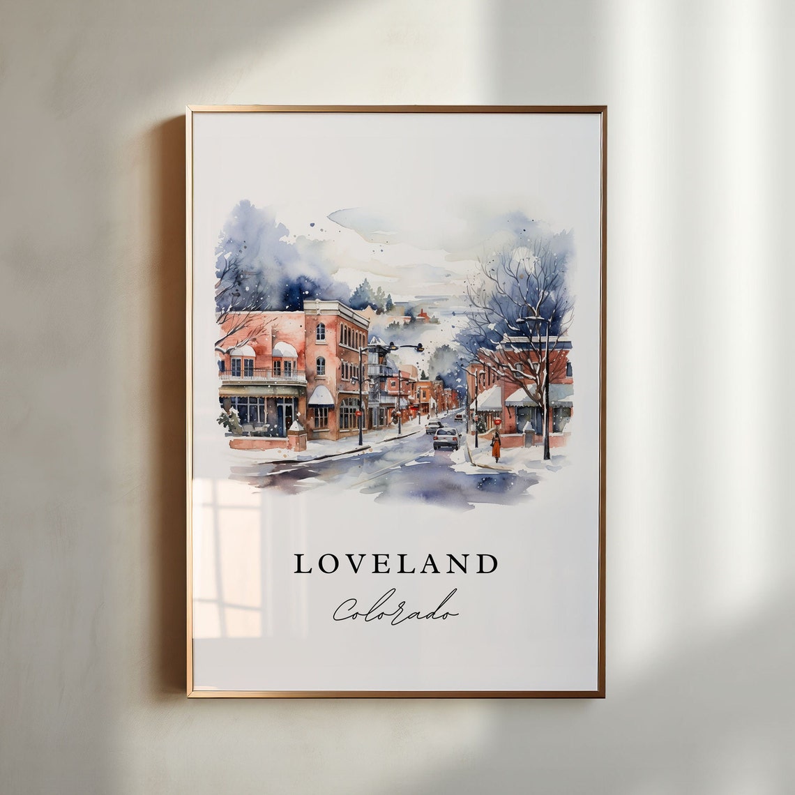 Loveland Colorado Watercolor Snowy Downtown Winter Street Poster