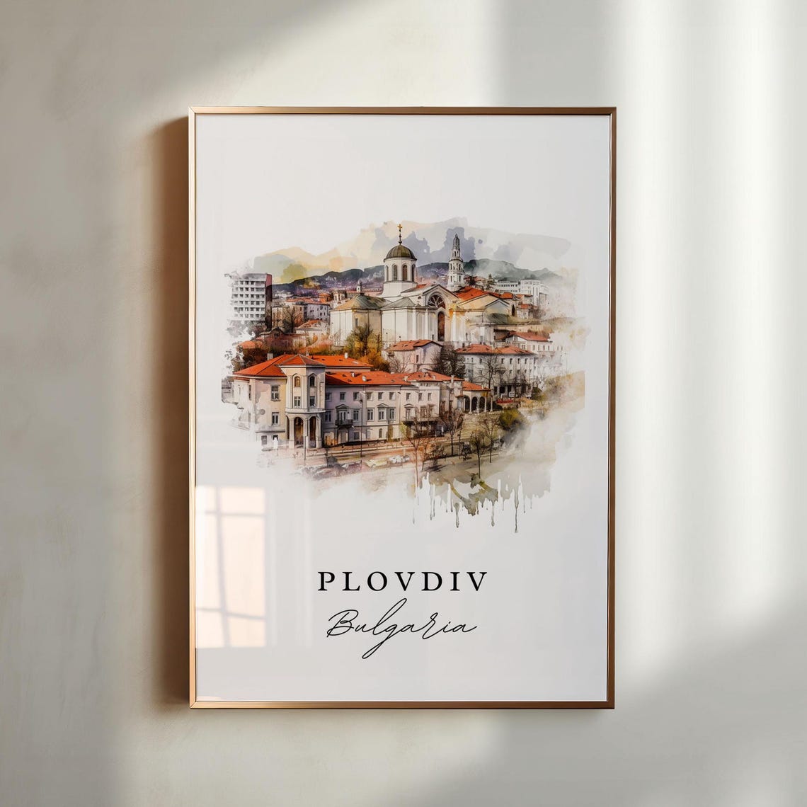Plovdiv Bulgaria Watercolor Historic Old Town Scene Travel Poster - Image 4