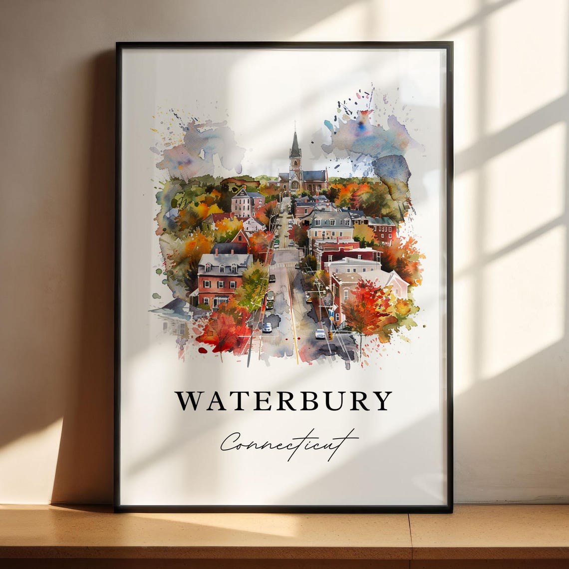 Waterbury Connecticut Watercolor Town Church Autumn Trees Poster - Image 4