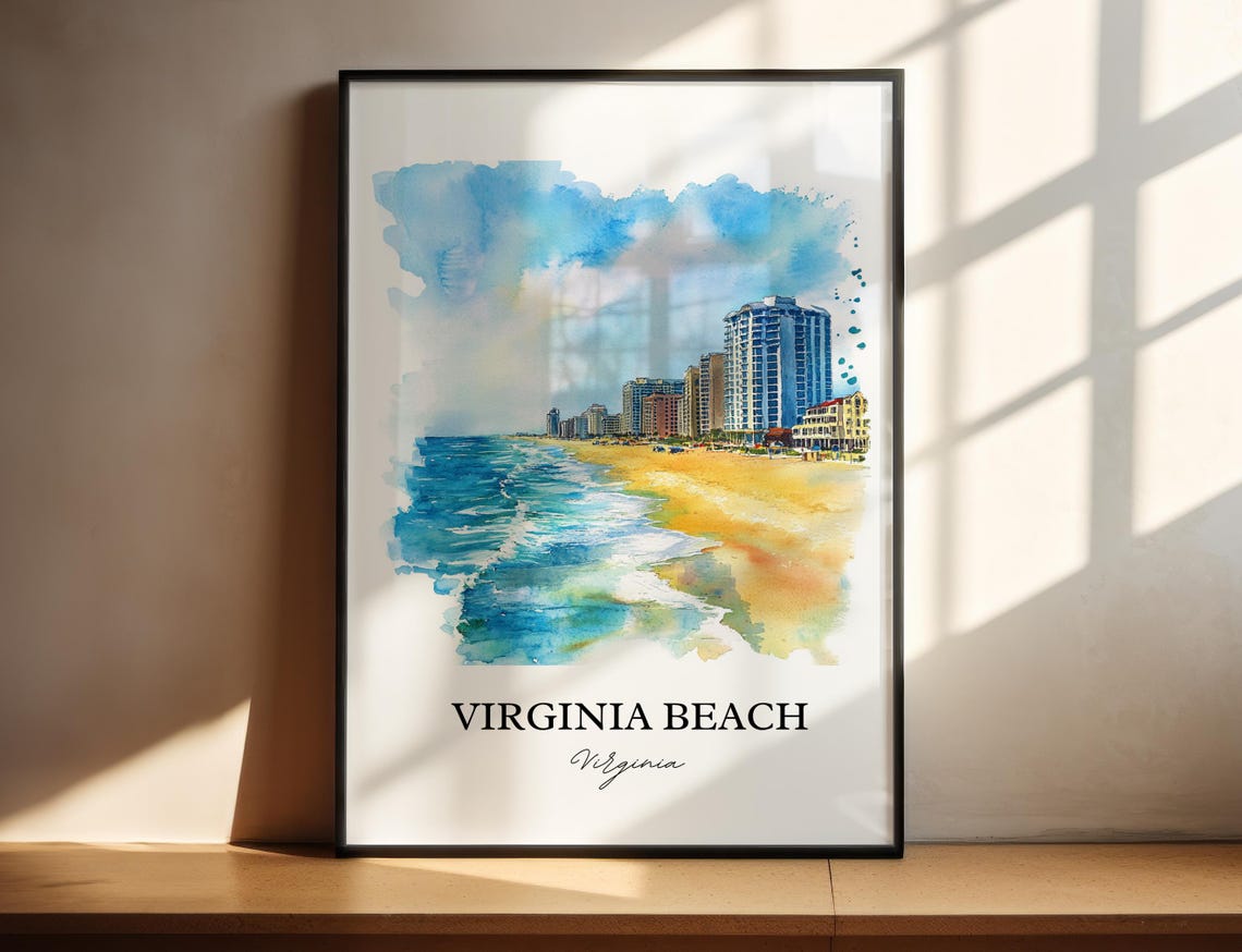 Virginia Beach Oceanfront Hotels Watercolor Coastal Travel Poster