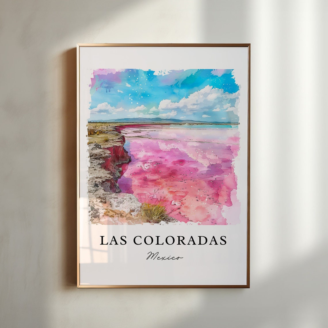 Las Coloradas Mexico Watercolor Pink Salt Lakes Landscape Poster