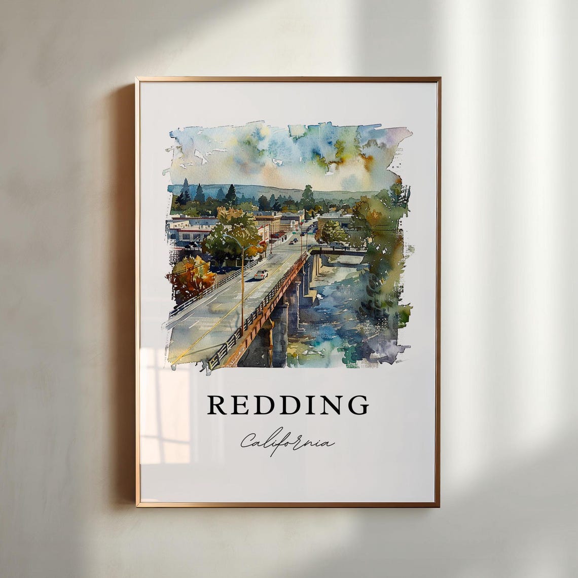 Redding California River Bridge Downtown Watercolor Travel Poster