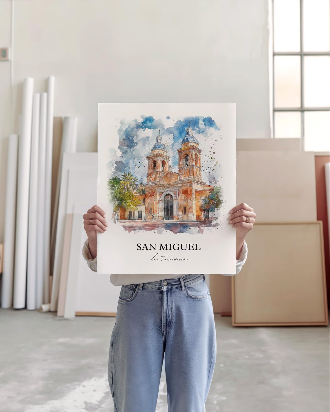 San Miguel de Tucuman Watercolor Church Domed Towers Scene Poster - Image 5