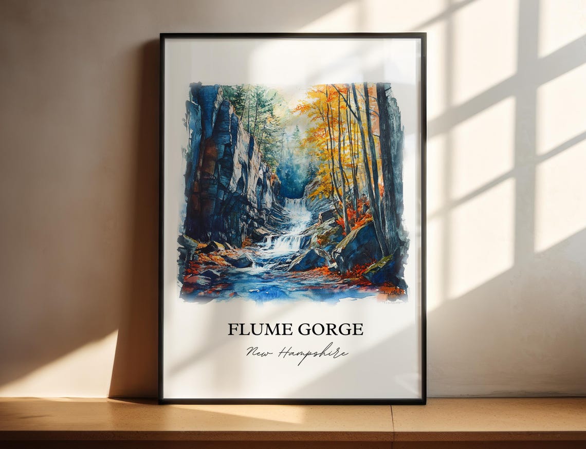 Flume Gorge New Hampshire Waterfall Autumn Watercolor Poster