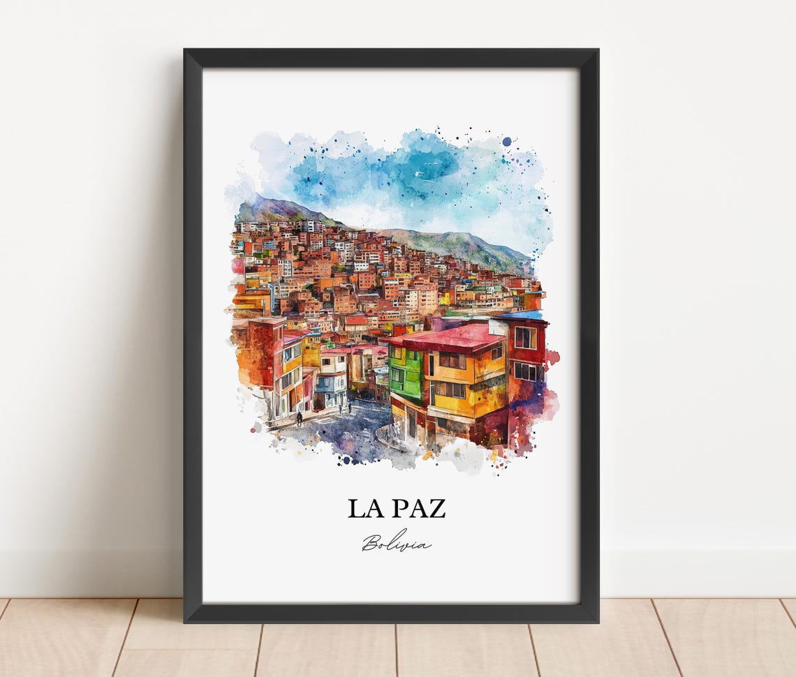 La Paz Bolivia Hillside Colorful Houses Watercolor Travel Art Poster - Image 5