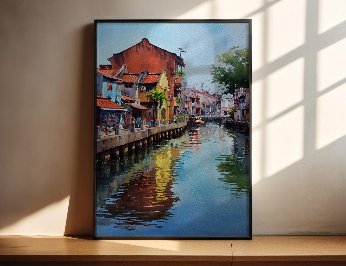 Malacca Malaysia Colorful Shophouse River Canal Watercolor Poster
