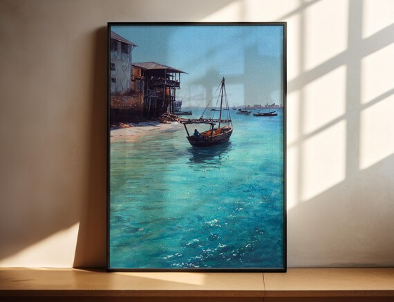 Coastal Watercolor Dhow Sailboat Turquoise Ocean Tropical Travel Poster