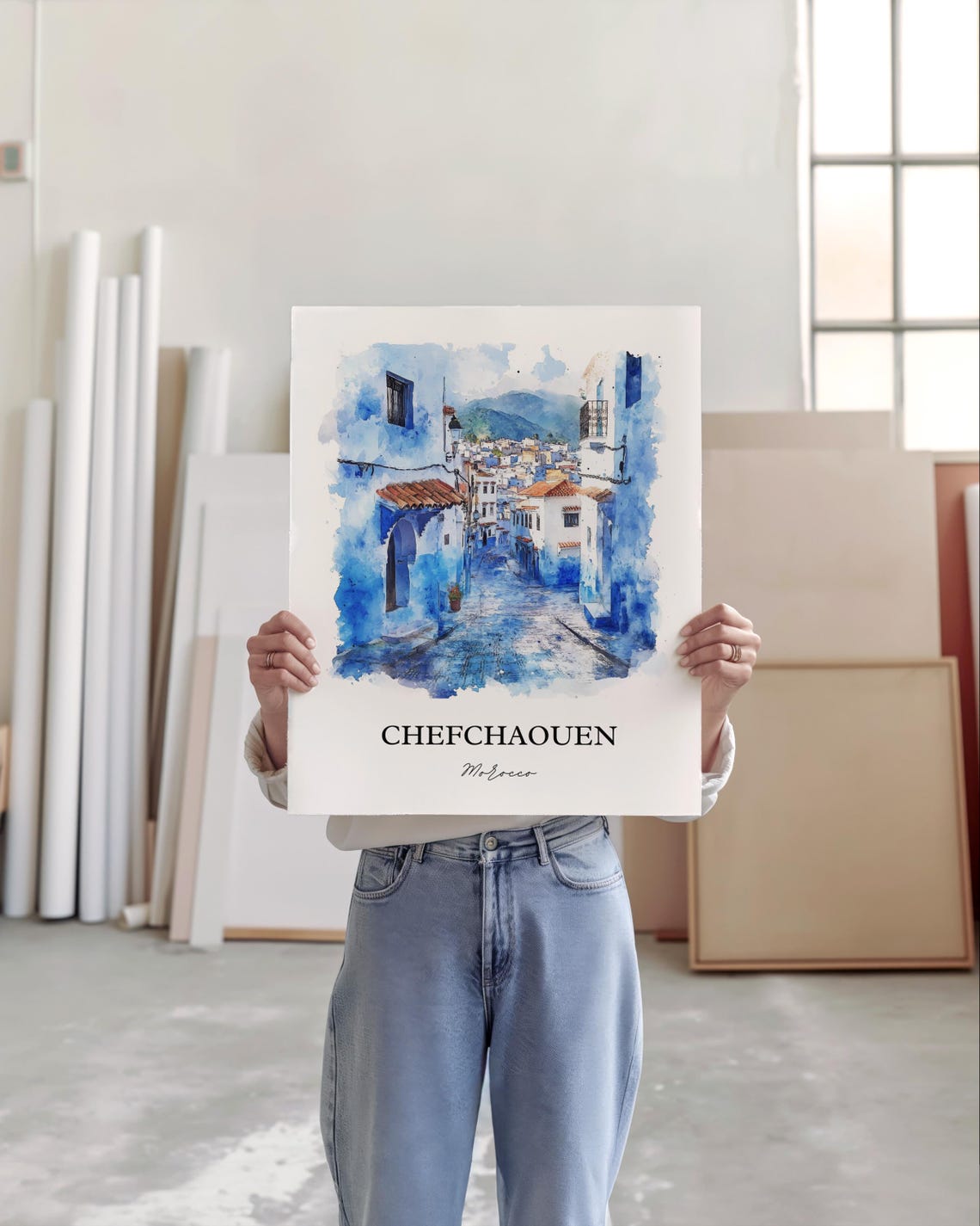 Chefchaouen Morocco Blue Medina Street Watercolor Travel Poster - Image 6
