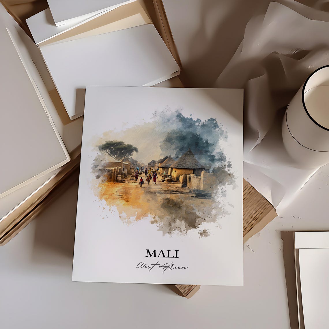 Mali West Africa Thatched Hut Village Street Watercolor Poster - Image 4