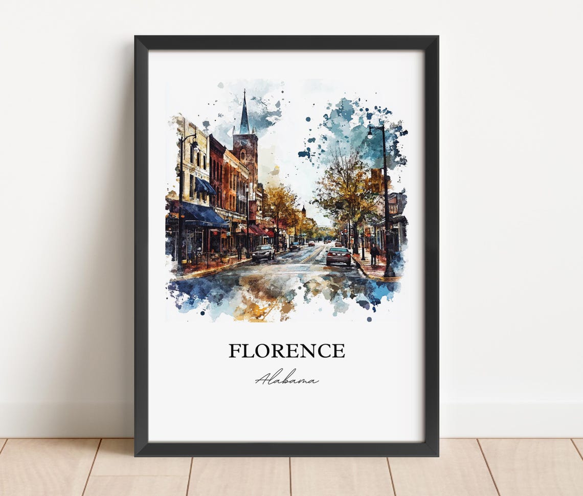 Florence Alabama Downtown Streetscape Church Steeple Watercolor Poster