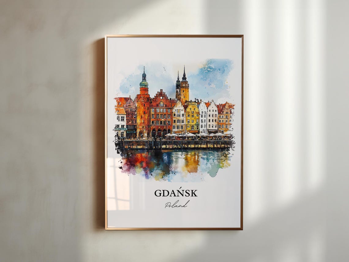Gdansk Poland Watercolor Colorful Waterfront Houses Travel Poster - Image 2