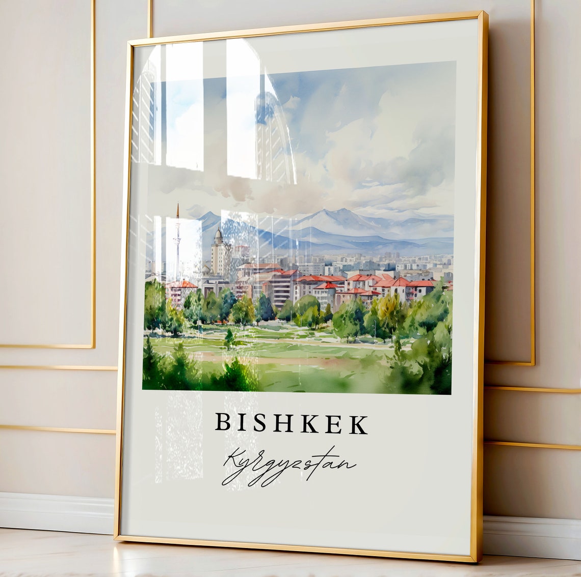 Bishkek Kyrgyzstan Watercolor City Mountains Minaret Art Poster - Image 4