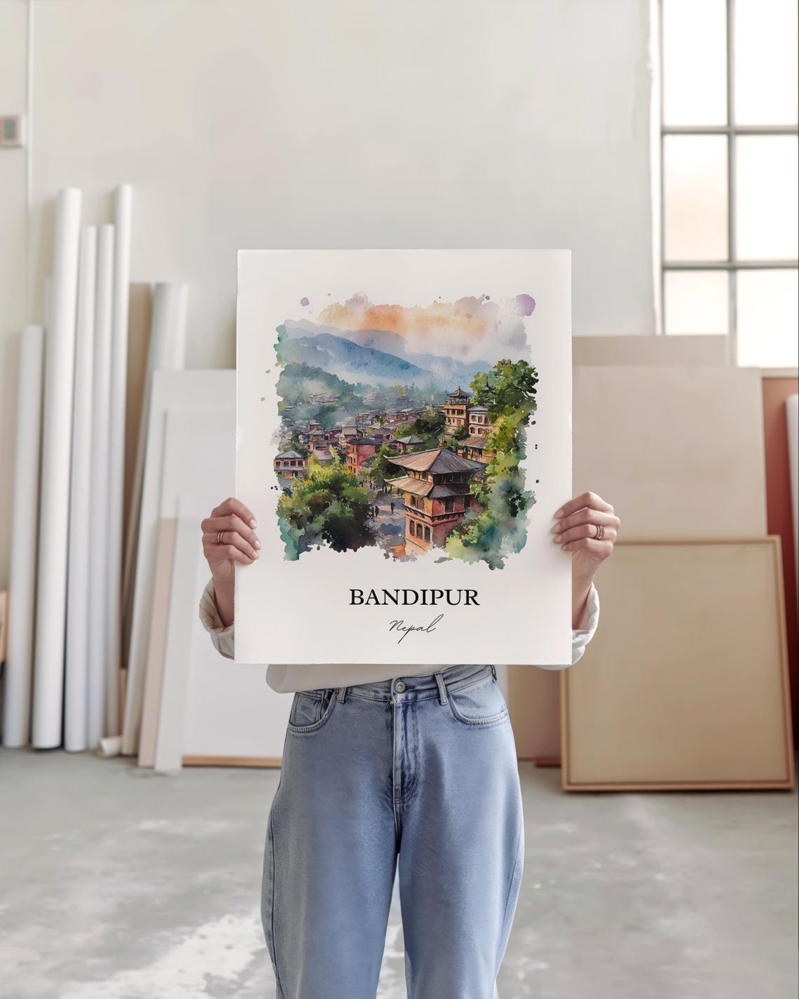 Bandipur Nepal Watercolor Charming Hill Town Pagoda Travel Poster - Image 5
