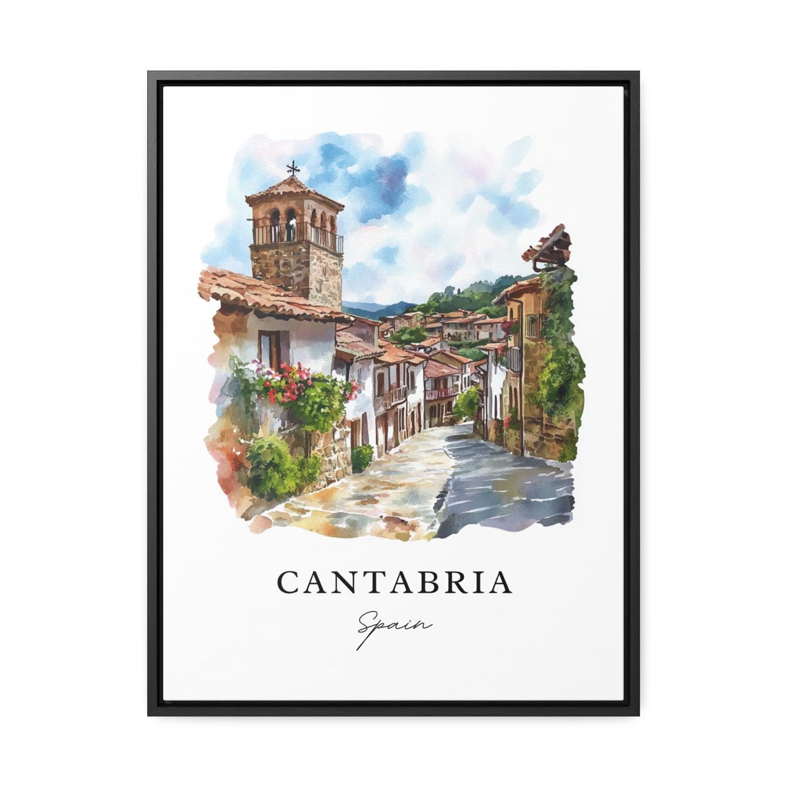 Cantabria Spain Stone Village Church Tower Watercolor Travel Poster