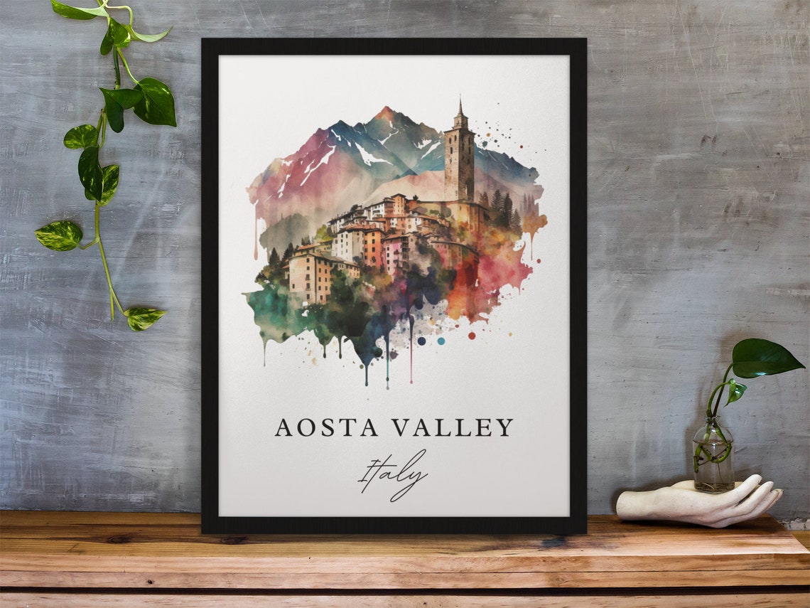 Aosta Valley Italy Alpine Mountain Village Watercolor Travel Poster - Image 2