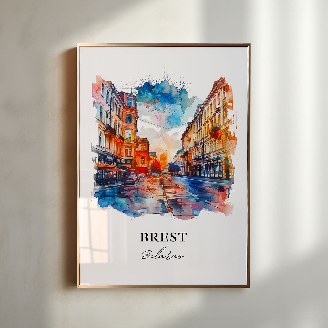 Brest Belarus Vibrant Colorful City Street Watercolor Travel Poster