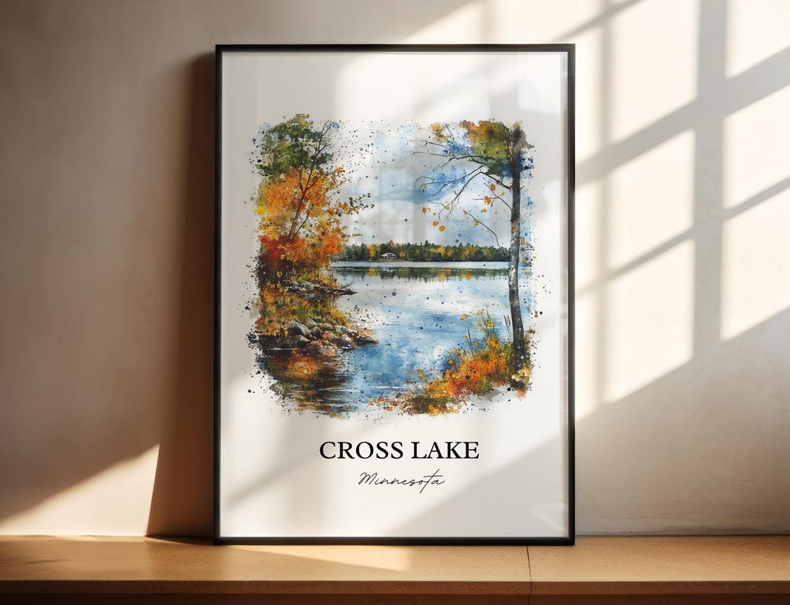 Cross Lake Minnesota Autumn Shoreline Cabin View Watercolor Poster