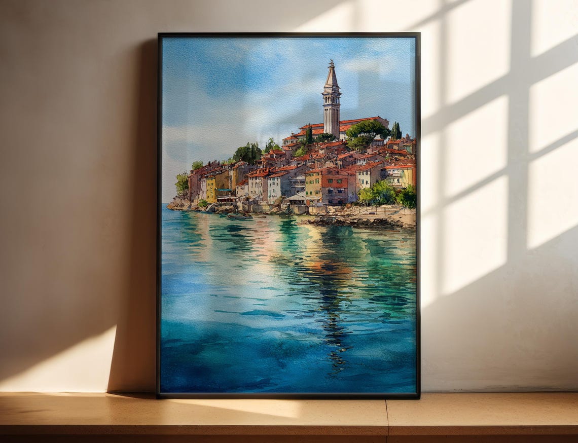 Old Coastal Town Bell Tower Seaside Harbor Watercolor Art Poster