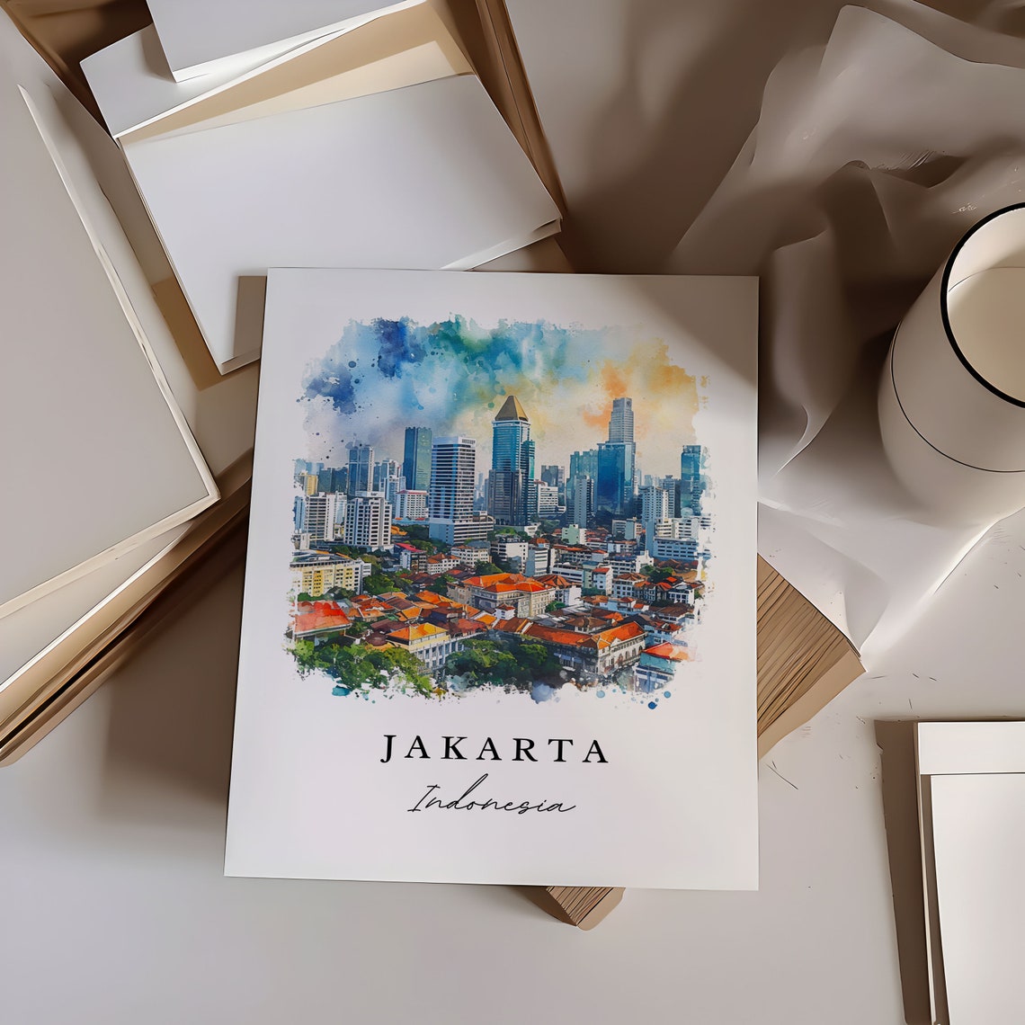 Jakarta Indonesia Watercolor City Skyline Urban Travel Poster - Image 6