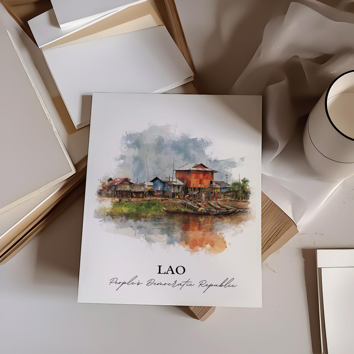 Lao Peoples Democratic Republic Watercolor River Village Travel Poster - Image 3