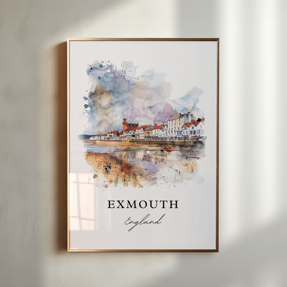 Exmouth England Watercolor Travel Poster, Housewarming