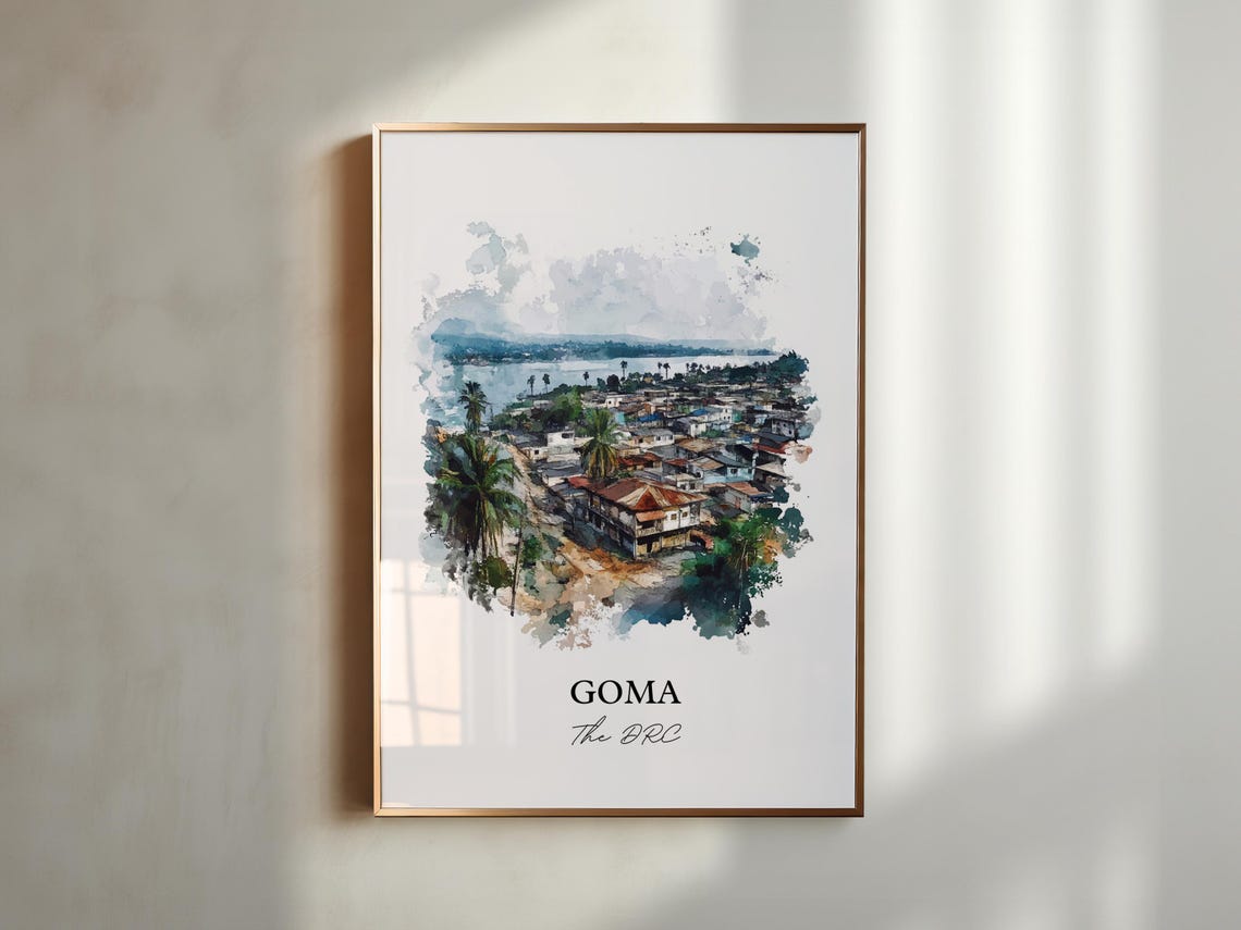 Goma Congo Watercolor Cityscape Lakeside Town Gift Art Poster - Image 5