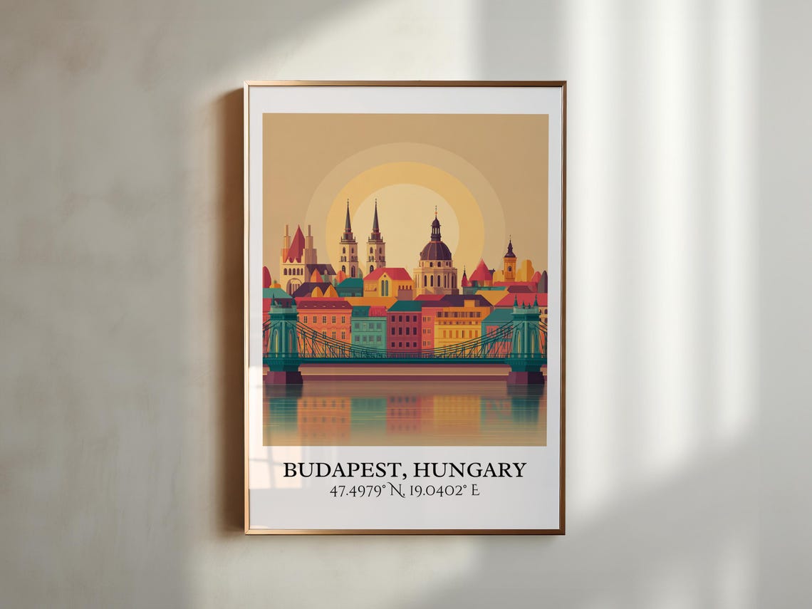 Budapest Hungary Warm Sunset Skyline Flat Illustration Poster - Image 5