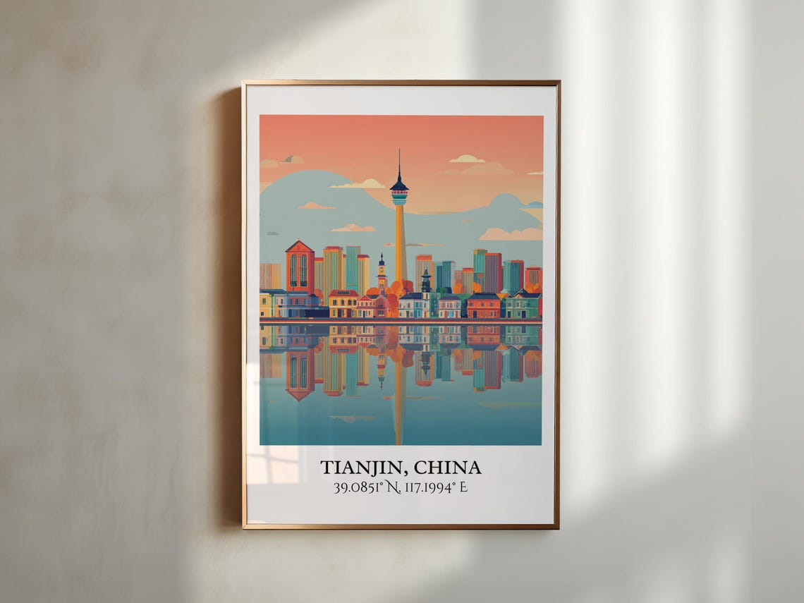 Tianjin China Riverside Skyline Landmark Tower Sunset Travel Poster - Image 3