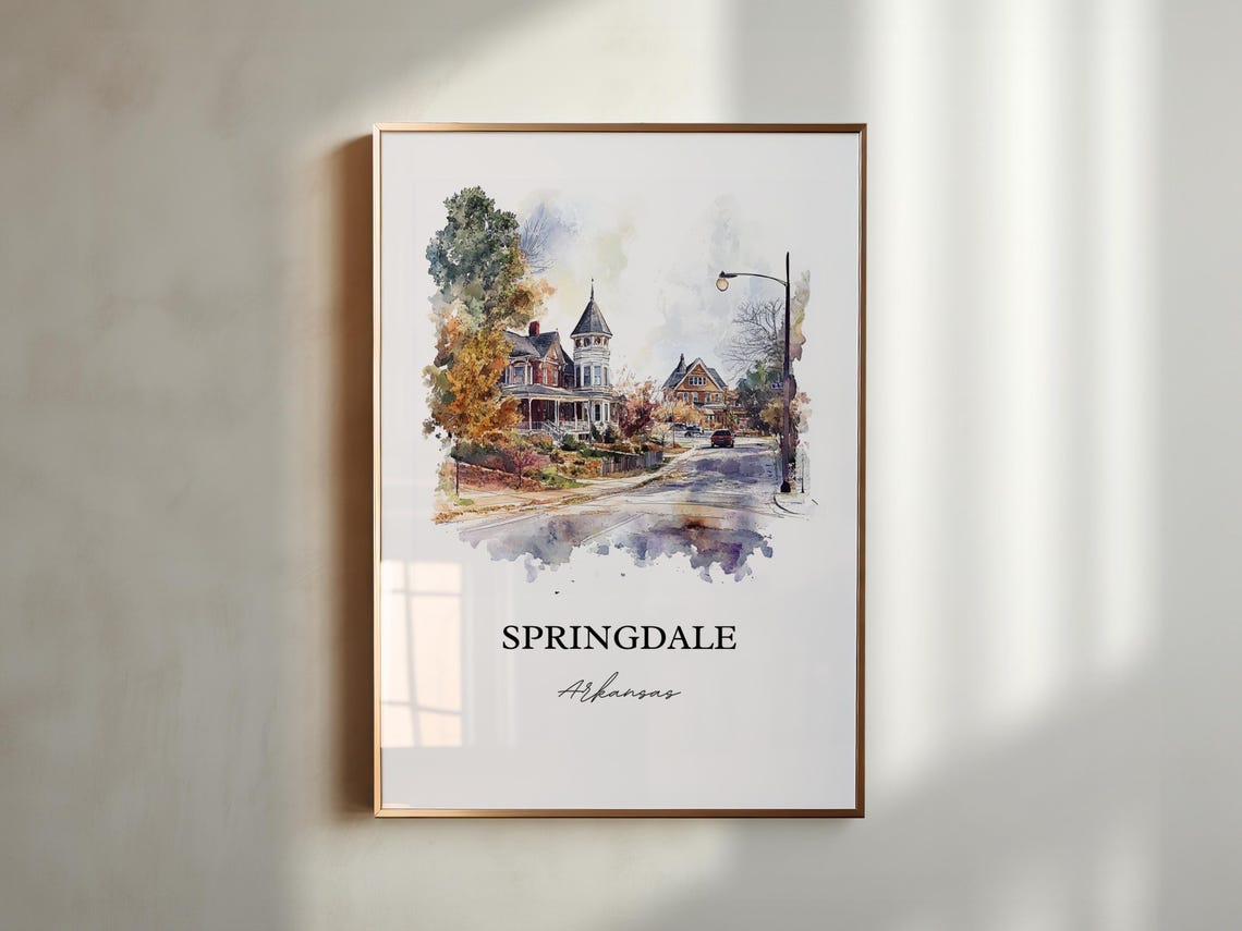 Springdale Arkansas Victorian Street Watercolor Travel Poster - Image 3