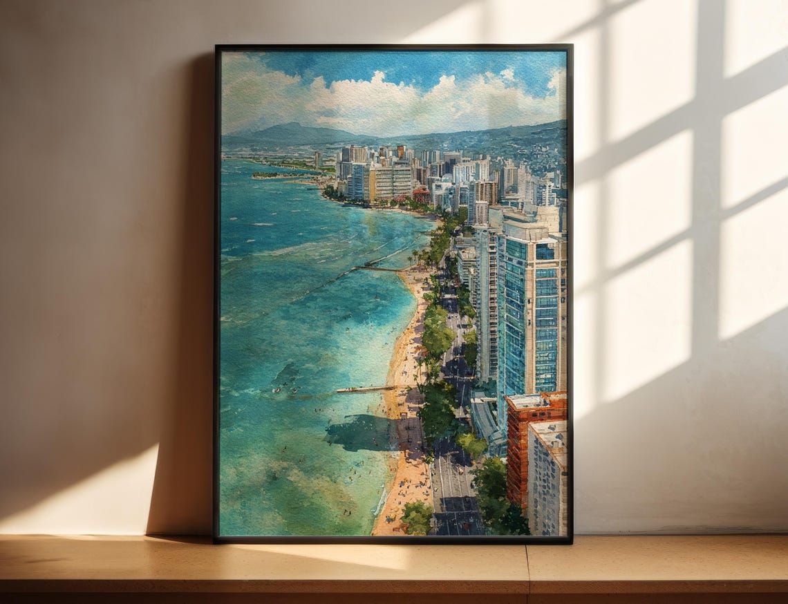 Honolulu Watercolor Art Travel Print Hawaii Artwork Beach Decor Skyline Wall