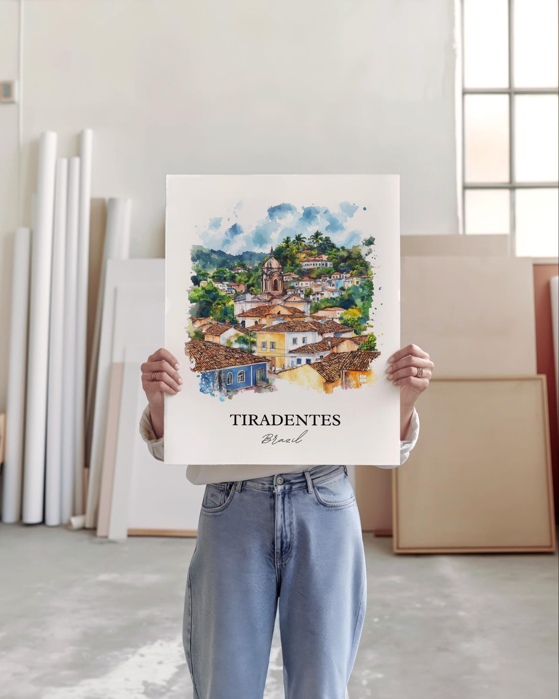 Tiradentes Brazil Watercolor Colonial Hillside Town Travel Poster - Image 3