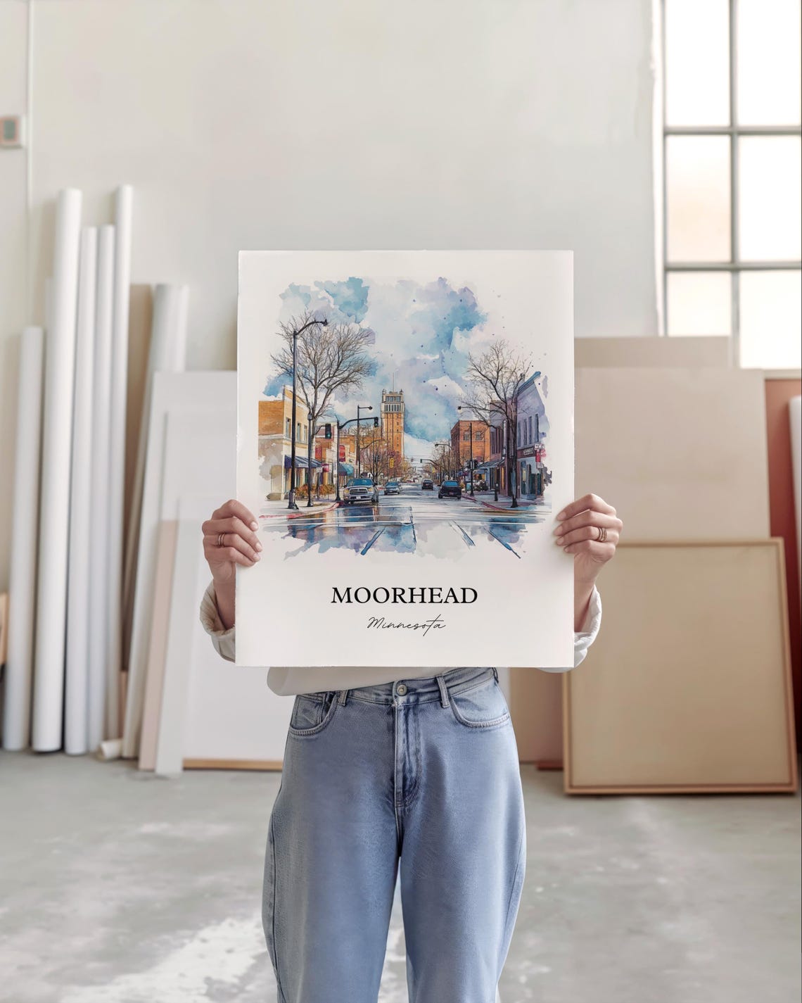 Moorhead Minnesota Downtown Street Tower Watercolor Art Poster - Image 2
