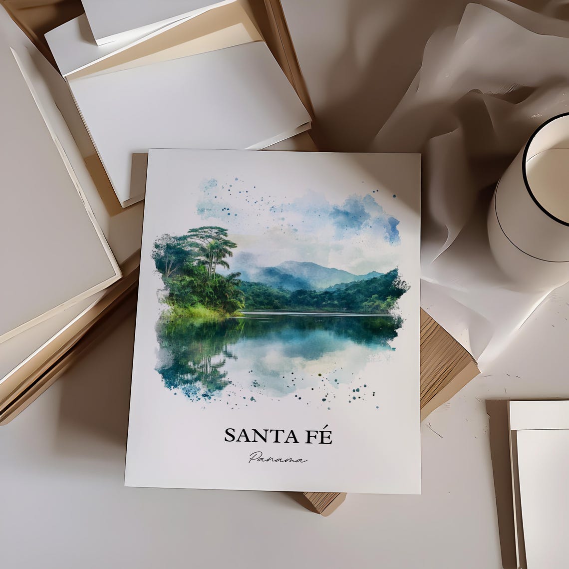 Santa Fe Panama Watercolor Mountain Lake Reflection Travel Poster - Image 3