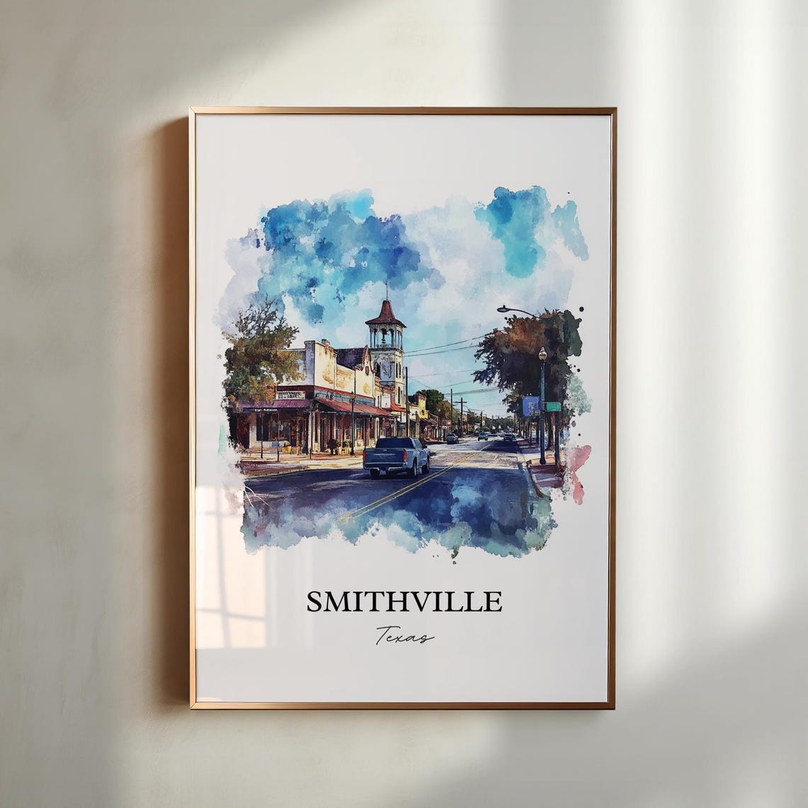 Smithville Texas Bell Tower Street Watercolor Travel Gift Poster