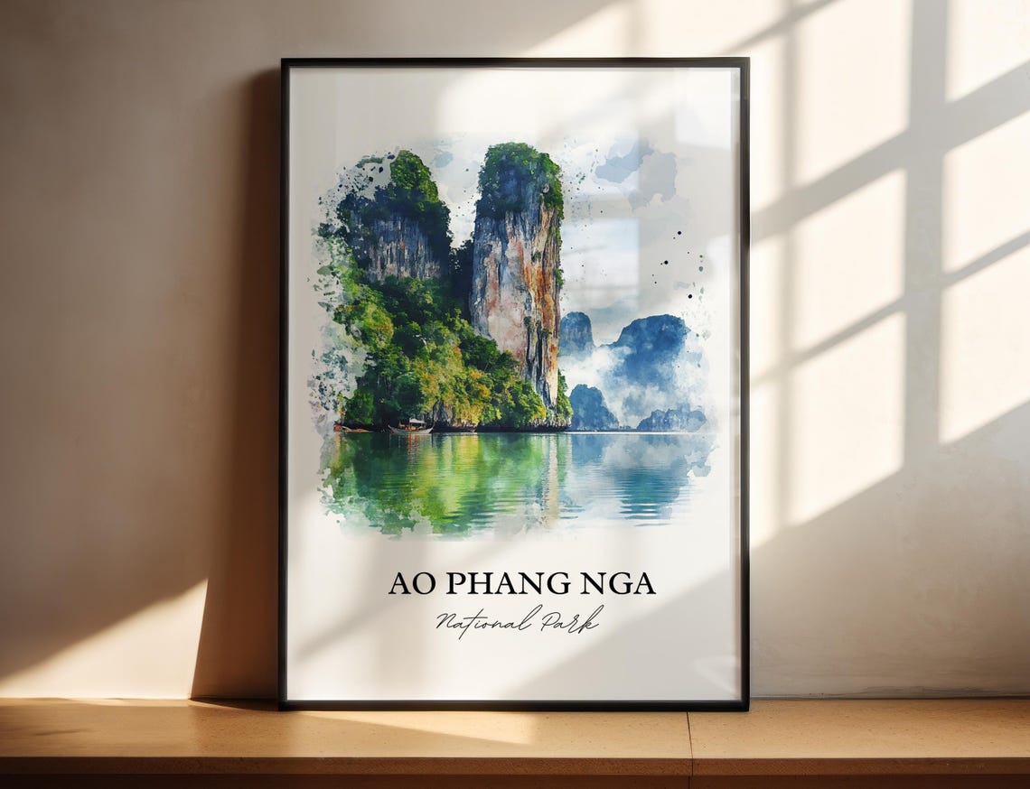 Ao Phang Nga Thailand Limestone Karst Bay Watercolor Travel Poster