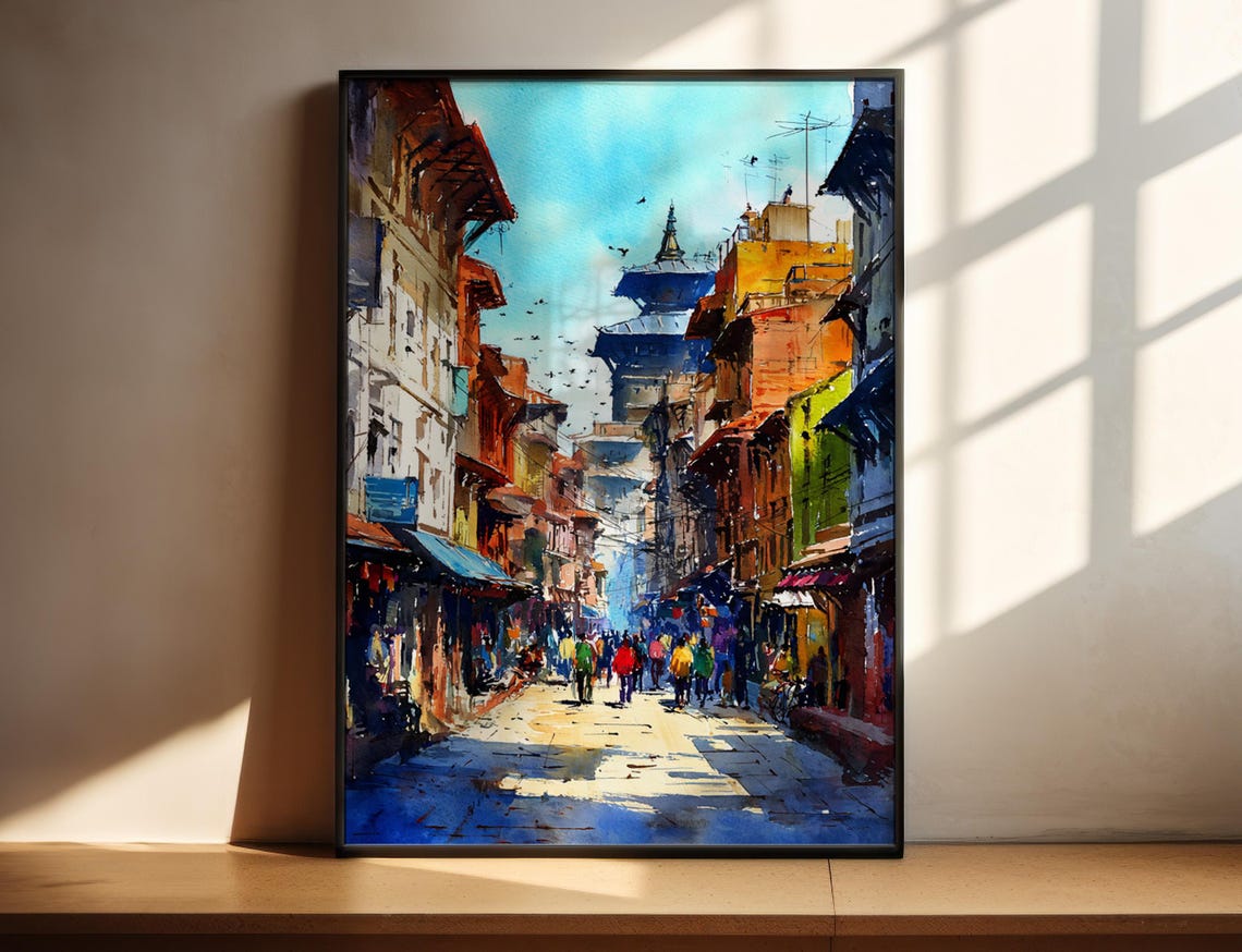 Colorful Old Town Street Watercolor Poster With Vibrant Buildings Art