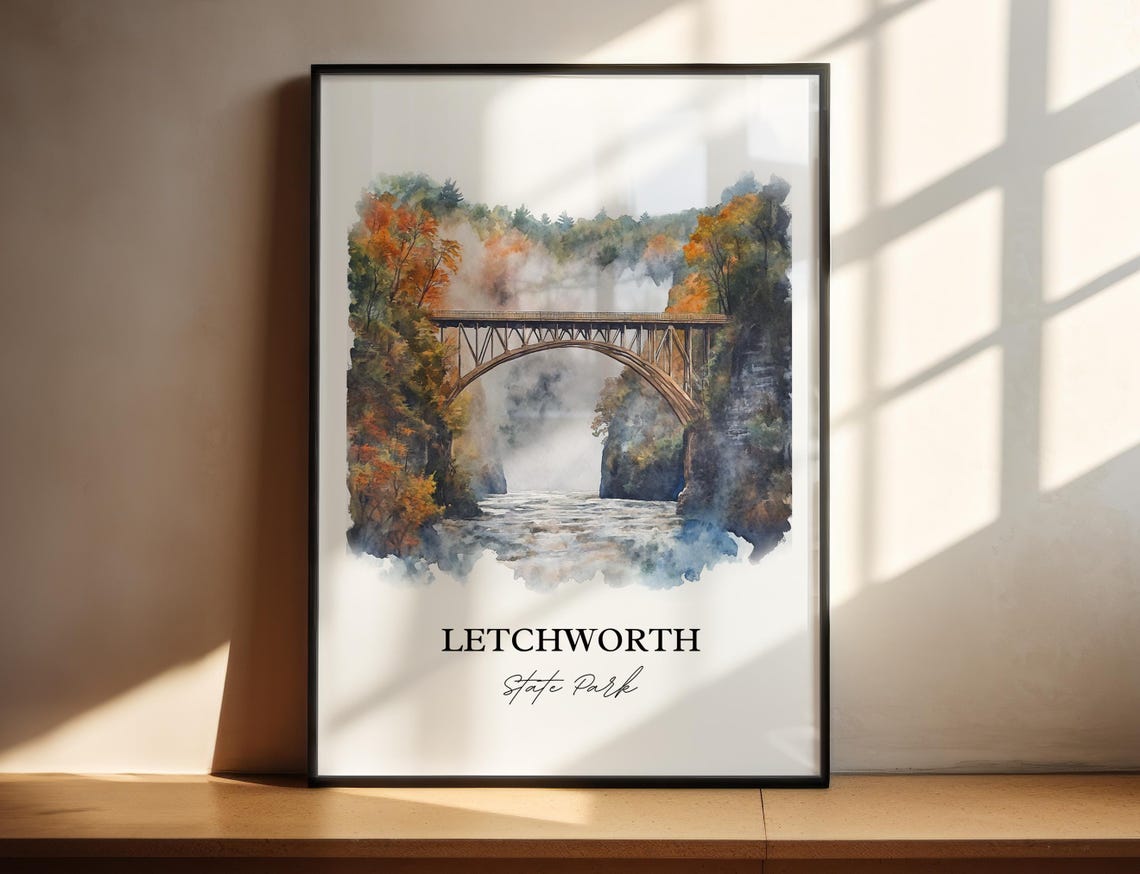Letchworth State Park Watercolor Gorge Bridge Falls Scene Poster