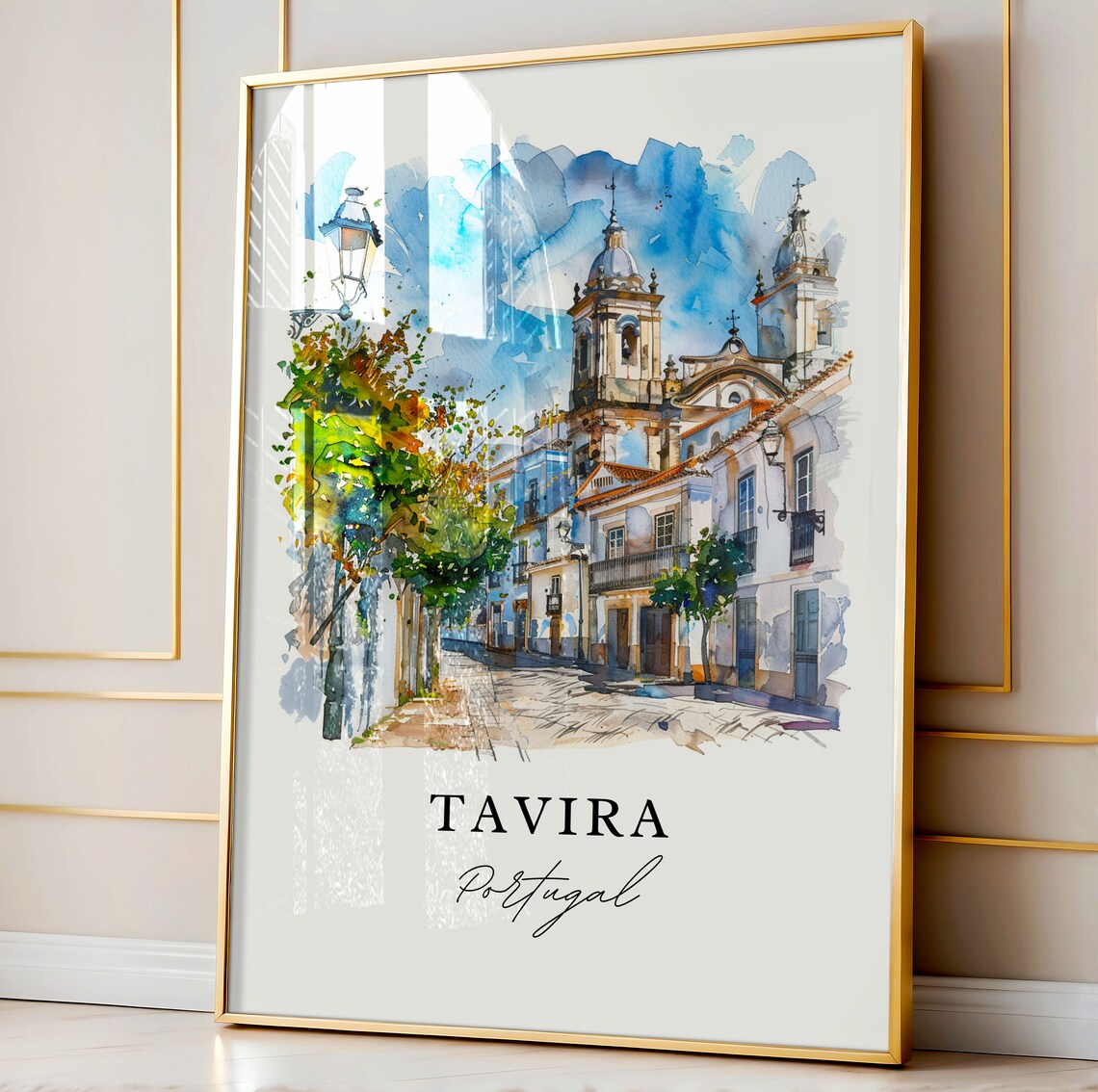 Tavira Portugal Church Towers Street Watercolor Travel Art Poster - Image 4