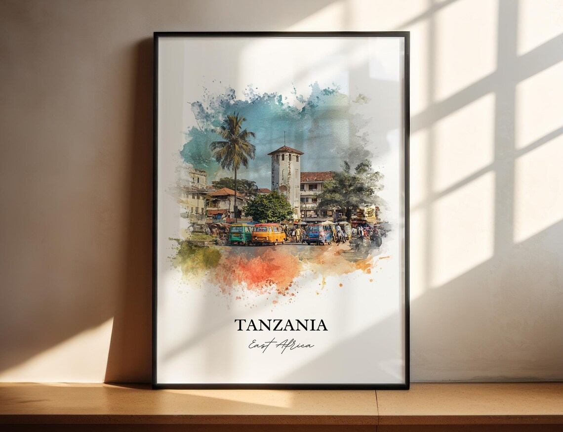Tanzania East Africa Town Square Busy Watercolor Travel Poster