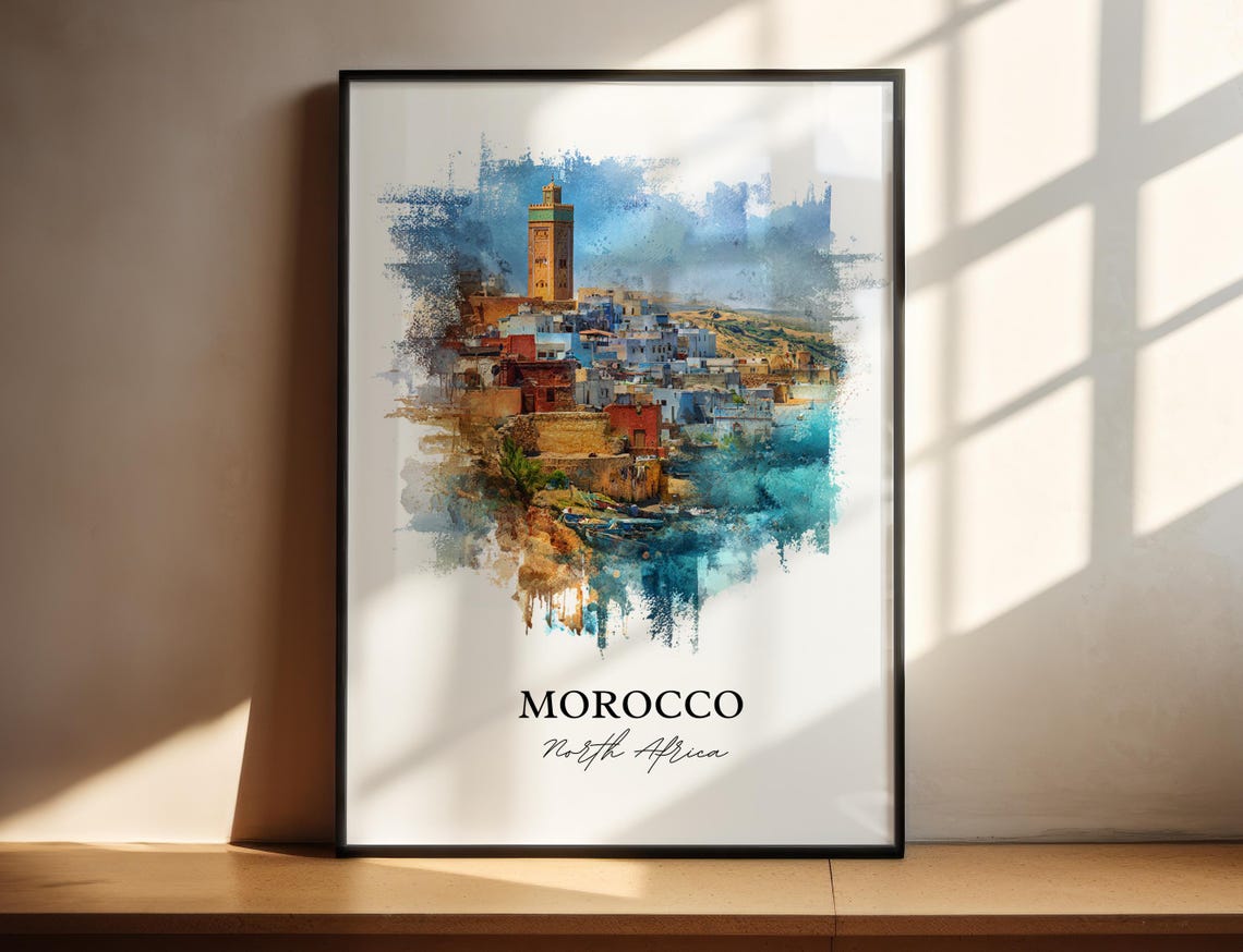 Morocco North Africa Ancient Minaret Old Town Watercolor Poster