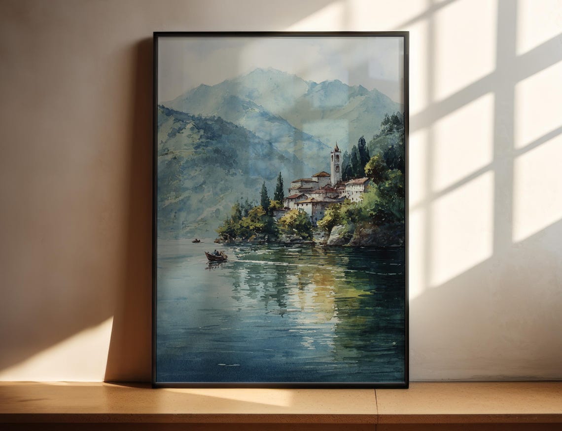 Lake Como Village Watercolor Italian Lakeside Scenic Art Poster