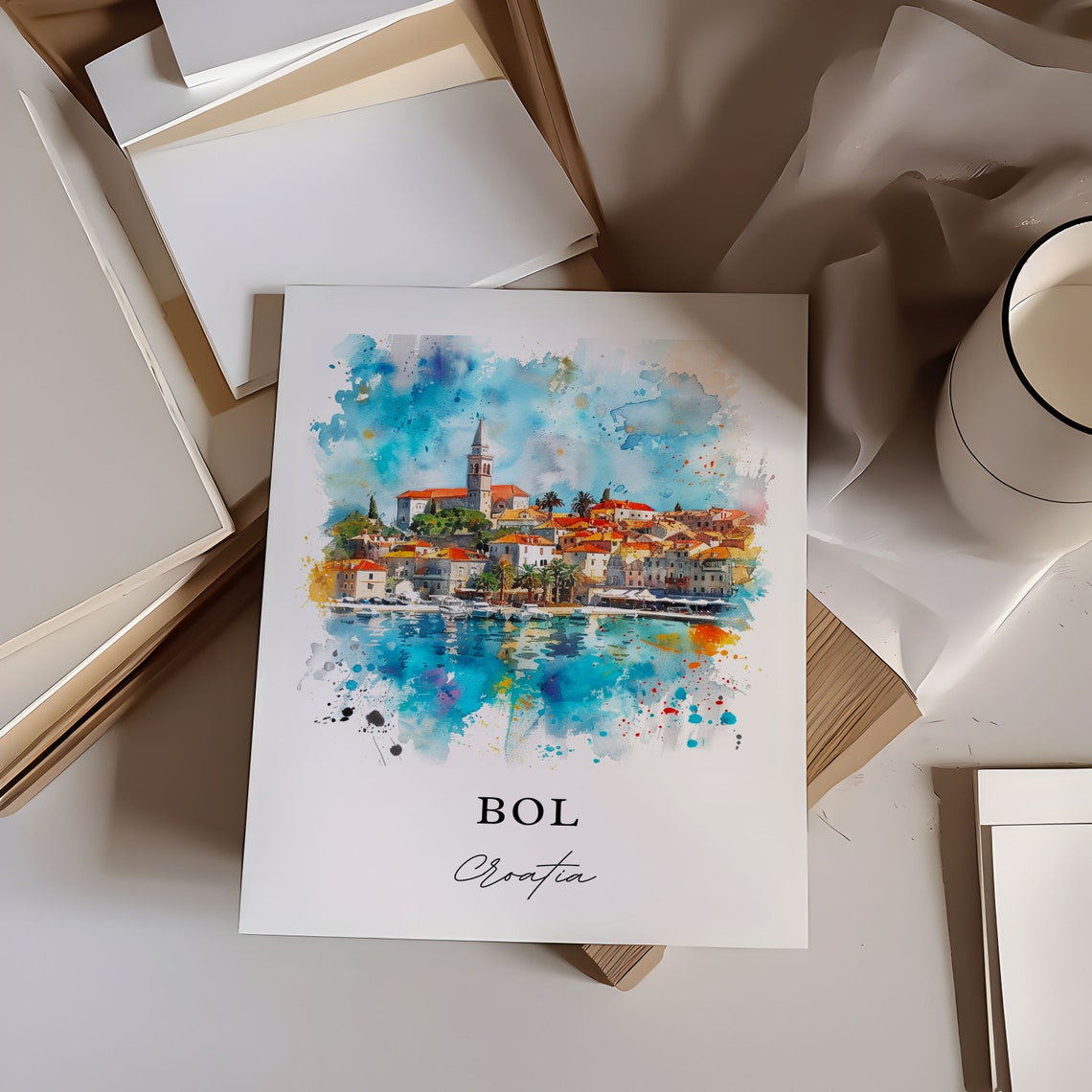 Bol Croatia Coastal Marina Bell Tower Watercolor Island Poster - Image 6