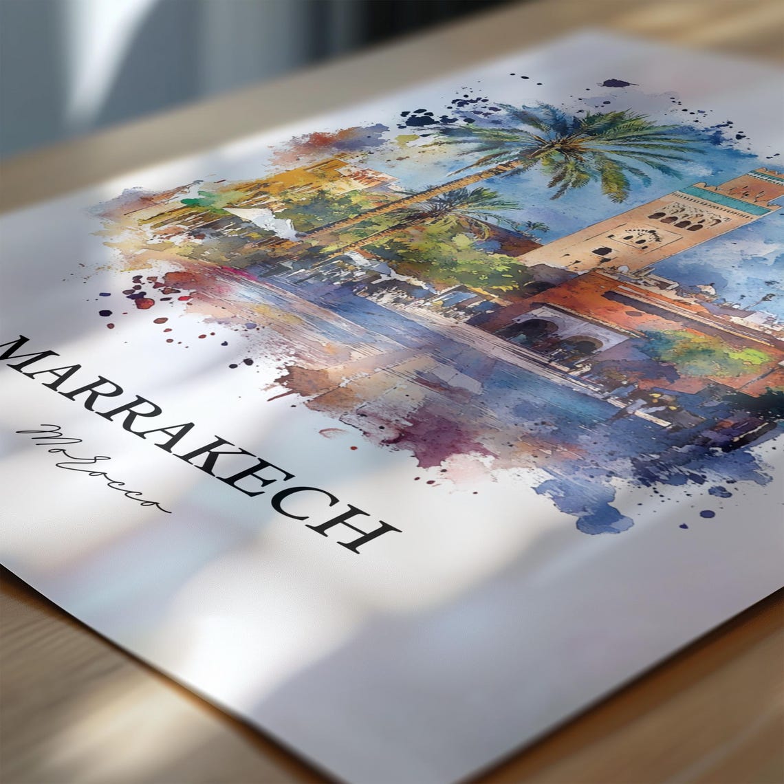 Marrakech Morocco Koutoubia Minaret Palms Watercolor Travel Poster - Image 6